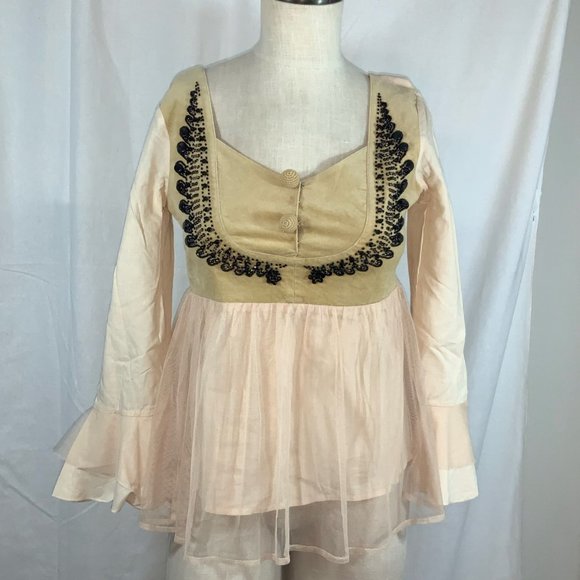 Hippy Indy Babydoll Top XS Beading Velvet Mesh Detail - Picture 2 of 3